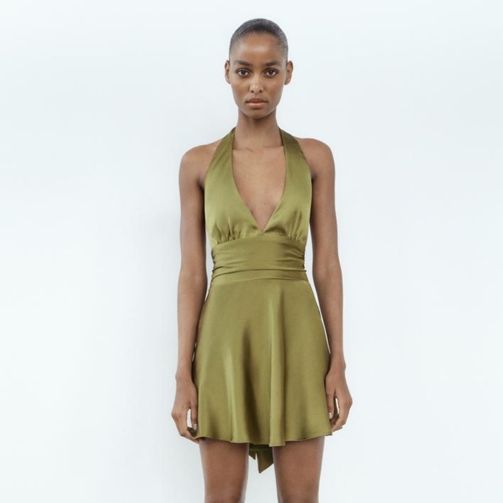 Zara NWT satin effect halter dress moss green 4772/381